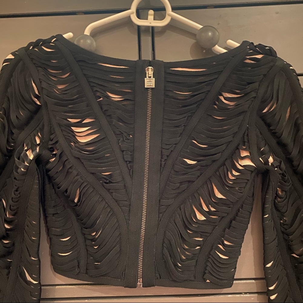 Herve Leger Black Cutout Long Sleeve Crop Top with Nude Lining - Picture 8 of 14